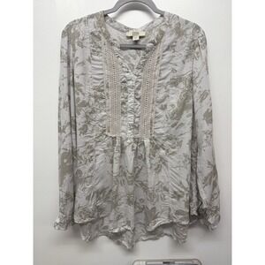 Vintage America women's XL tunic‎ gray print v-neck lace 100% Cotton